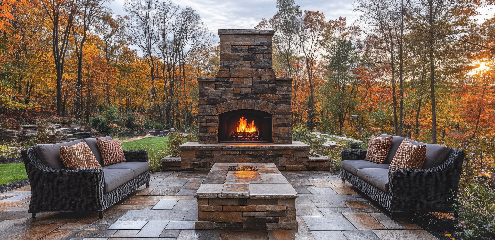 Stone outdoor fireplace in Maple Grove