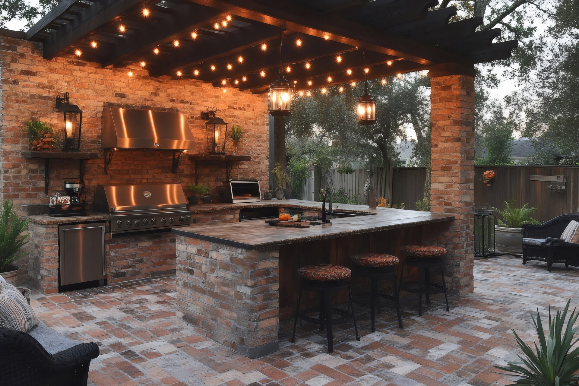 Aerial view of outdoor kitchen and patio area